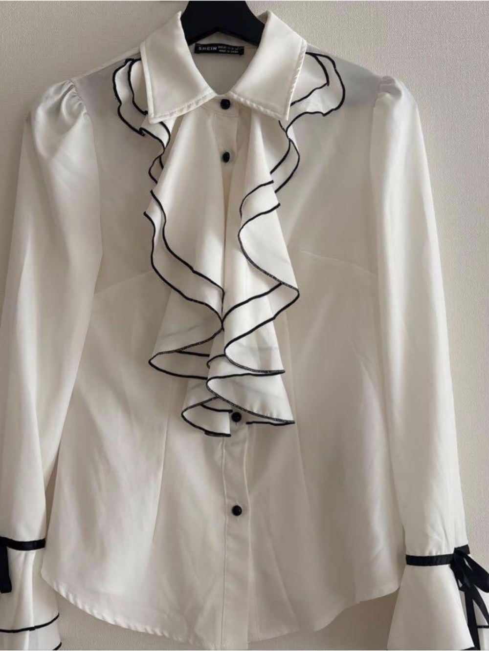 SHEIN White Ruffle Button-Down Blouse with Black Trim - Picture 3 of 11